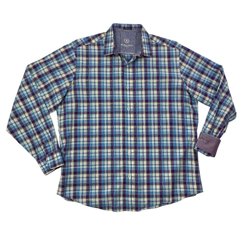 Bugatchi Uomo Shirt Mens XL Extra Large Classic Fit Blue Purple Check Flip Cuff